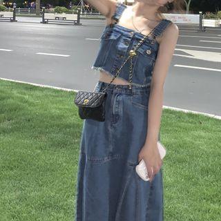 Denim Cropped Camisole Top / Midi A-line Skirt