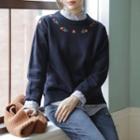 Crew-neck Flower-embroidered Sweater
