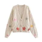 Long Sleeve Floral Embroidered Cable-knit Cardigan