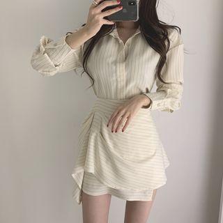 Set: Striped Shirt + Asymmetric A-line Skirt