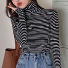 Turtleneck Fleece-lined Striped T-shirt