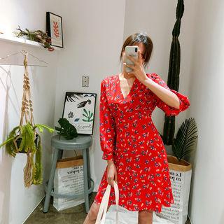 Surplice-neck Floral A-line Dress