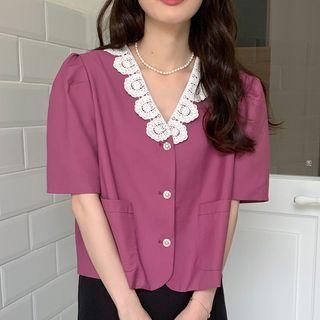 Puff Sleeve V-neck Lace Trim Shirt