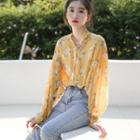 Floral Pintuck Long-sleeve Blouse Yellow - One Size