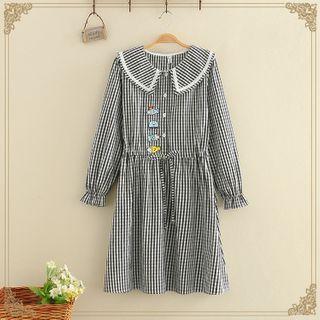 Fish Embroidered Tie-waist Check Dress