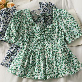 Ruched Printed Peplum Top