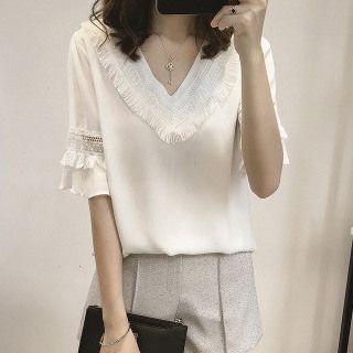 Short-sleeve V-neck Fringe Chiffon Top
