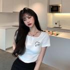 Short-sleeve Heart Print Henley Top / Denim Mini Pencil Skirt