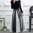 Color Block Mesh Midi Skirt Black & White - One Size