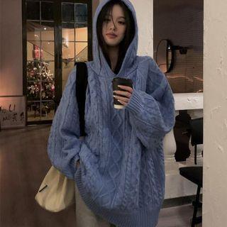 Hooded Cable Knit Sweater Blue - One Size