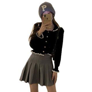 Collared Ruffled Contrast Trim Cardigan