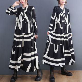 Long-sleeve Patterned Midi A-line Dress Black & White - One Size