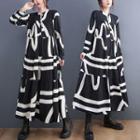 Long-sleeve Patterned Midi A-line Dress Black & White - One Size