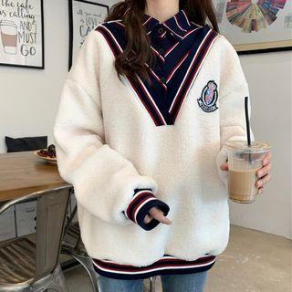 Mock Two-piece Faux Shearling Sweatshirt Panel Striped Shirt White - One Size