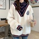 Mock Two-piece Faux Shearling Sweatshirt Panel Striped Shirt White - One Size