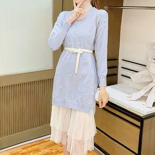 Set: Mesh Dress + Faux-pearl Knit Dress