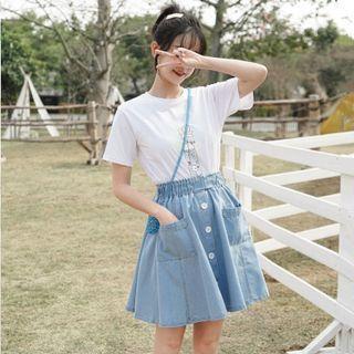 Short-sleeve Print T-shirt / Denim Mini A-line Skirt / Set
