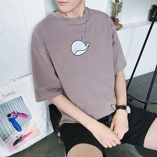 Elbow-sleeve Cartoon Whale Printed T-shirt