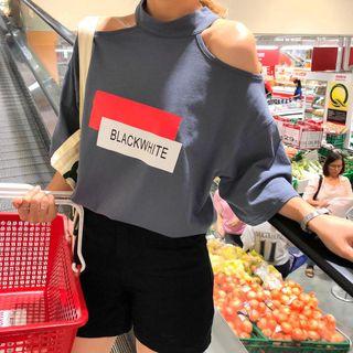Lettering Cold-shoulder Elbow-sleeve T-shirt