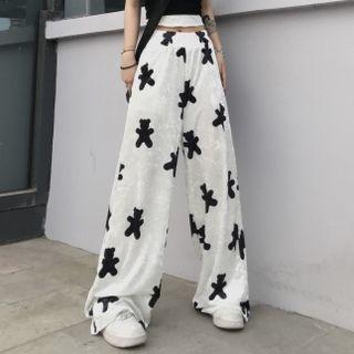 Velvet Bear Print Wide-leg Pants