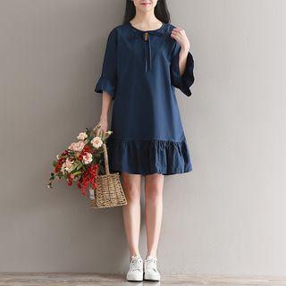 Plain Ruffle Hem 3/4 Sleeve Dress
