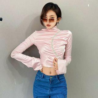 Long-sleeve Mock-neck Ruched Crop Top