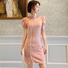 Traditional Chinese Puff-sleeve Gingham Mini Dress