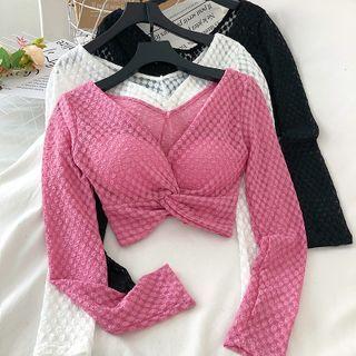 Knotted Mesh Long-sleeve Crop Top