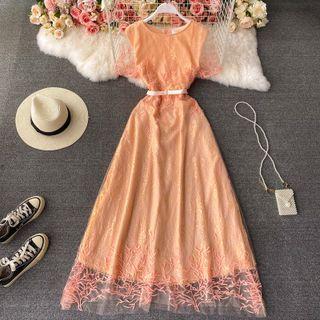 Short Sleeve Embroidered Lace Maxi Dress