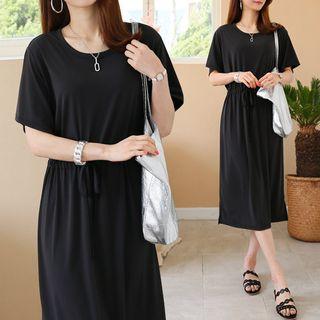 H-line Drawsting-waist Midi Dress