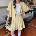 Short-sleeve Plain Blazer / High-waist Pleated Mini Skirt