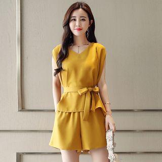 Set: V-neck Tie Waist Tank Top + High Waist Shorts