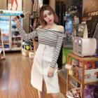 Set: Striped Off-shoulder Long-sleeve T-shirt + Zip Detail Straight-fit Skirt