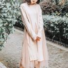 Set: Mock Neck Slit Knit Dress + Mesh Maxi Skirt