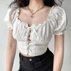 Puff-sleeve Lace-up Floral Embroidered Blouse