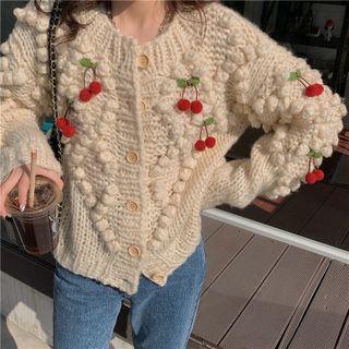 Cherry Applique Cardigan Beige - One Size