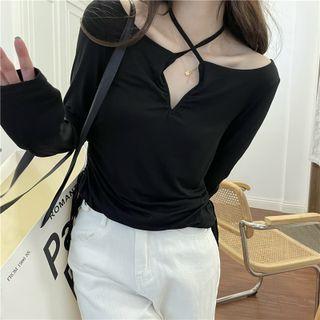 Long-sleeve V-neck Halter Top