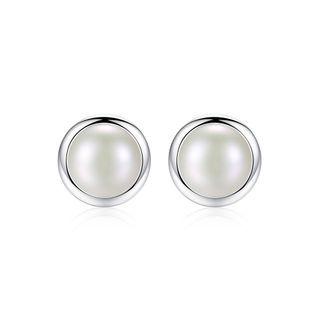 Sterling Silver Fashion Simple Geometric Round White Freshwater Pearl Stud Earrings Silver - One Size