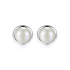 Sterling Silver Fashion Simple Geometric Round White Freshwater Pearl Stud Earrings Silver - One Size