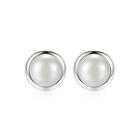 Sterling Silver Fashion Simple Geometric Round White Freshwater Pearl Stud Earrings Silver - One Size