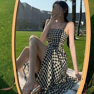 Spaghetti-strap Houndstooth Midi A-line Dress