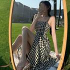 Spaghetti-strap Houndstooth Midi A-line Dress