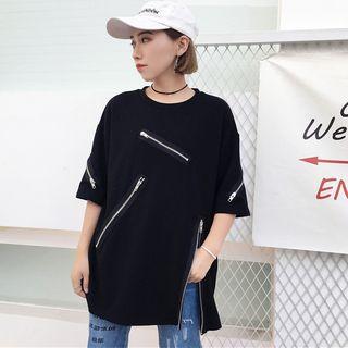 Zip Detail Elbow-sleeve Longline T-shirt