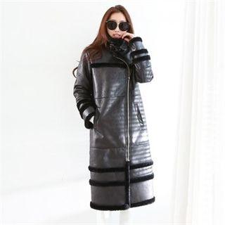 Funnel-neck Asymmetric-zip Faux-shearling Long Coat