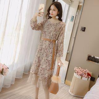 Long-sleeve Floral Print Lace Panel Midi Dress