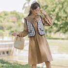 Set: Long-sleeve Peter Pan Collar A-line Dress + Vest