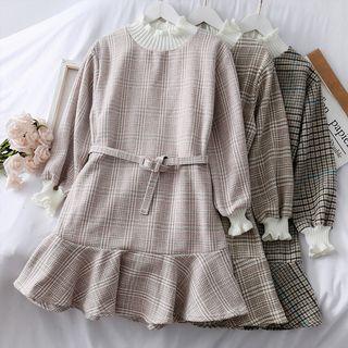 Patchwork Mock-neck Mini Dress With Belt