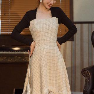 Lace Hem Long-sleeve Maxi A-line Tweed Dress