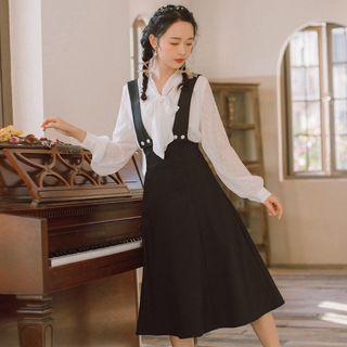 Bow Accent Blouse / High Waist Suspender Skirt / Set