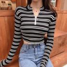 Long-sleeve Half-zip Striped Cropped Knit Top As Shown In Figure - One Size